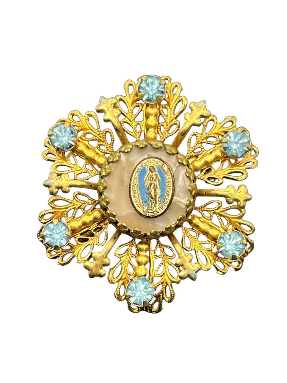 Miraculous medal Catholic Virgin Mary blue rhinestone gold tone starburst brooch